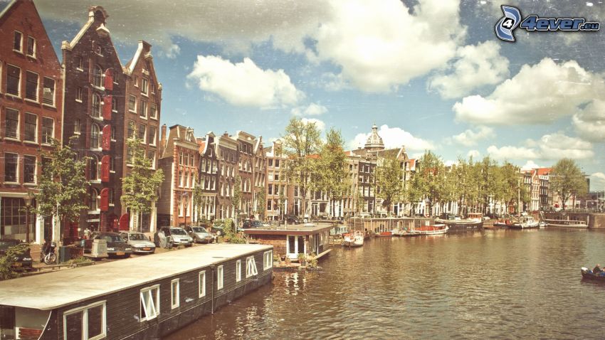 kanál, domy, lode, Amsterdam