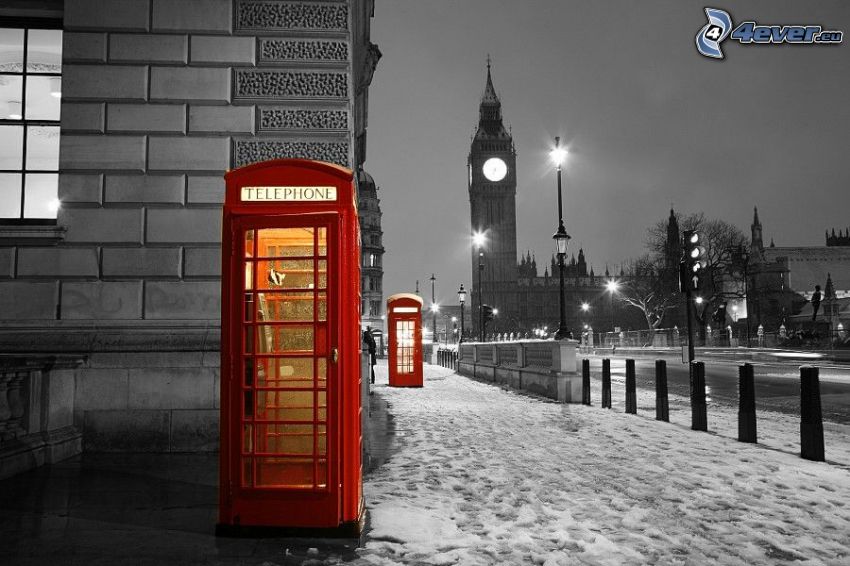 Londýn, telefónne búdky, Big Ben, sneh, večer