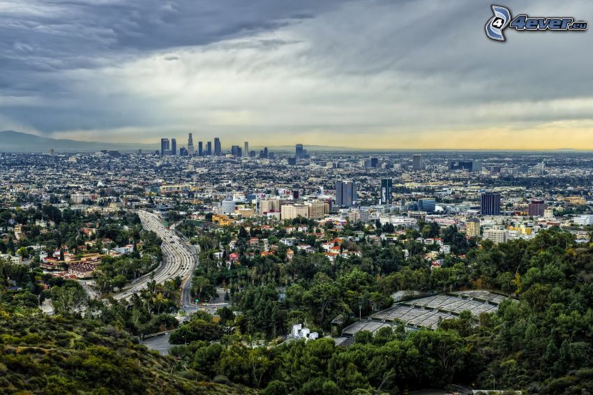 Los Angeles, diaľnica, Hollywood Hills, HDR