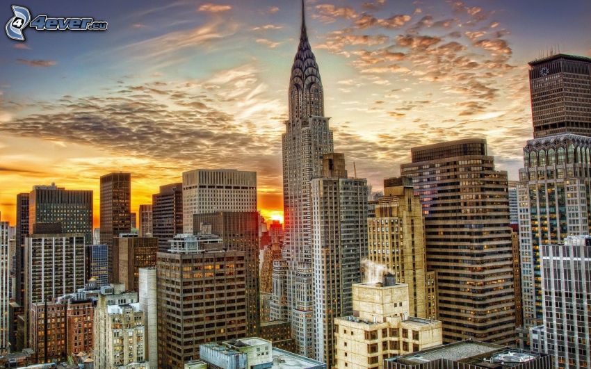 Manhattan, mrakodrapy, Chrysler Building, HDR, západ slnka v meste