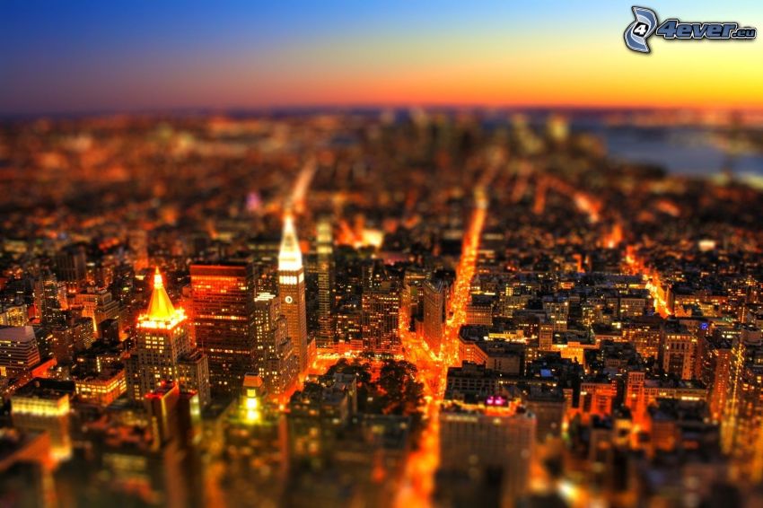 Manhattan, New York, večerné mesto, diorama, HDR