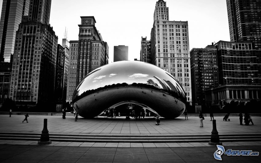 Millennium Park, Chicago, čiernobiela fotka