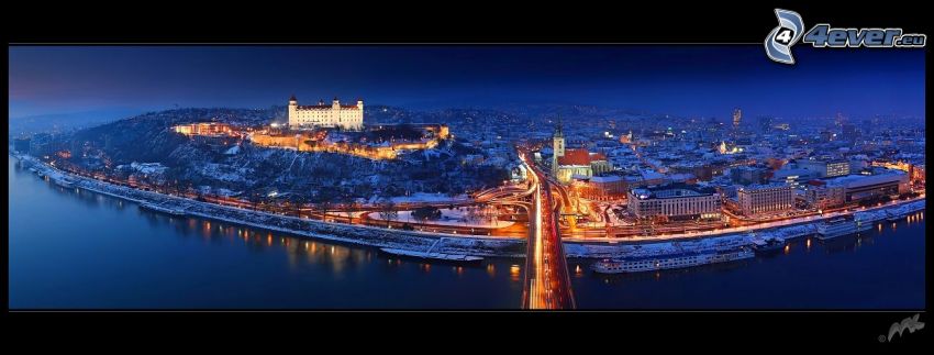 nočná Bratislava, Nový Most, Bratislavský hrad, Katedrála svätého Martina, Dunaj