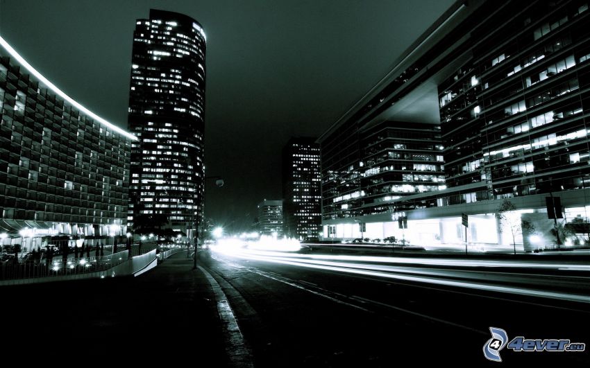 nočné mesto, mrakodrapy, cesta
