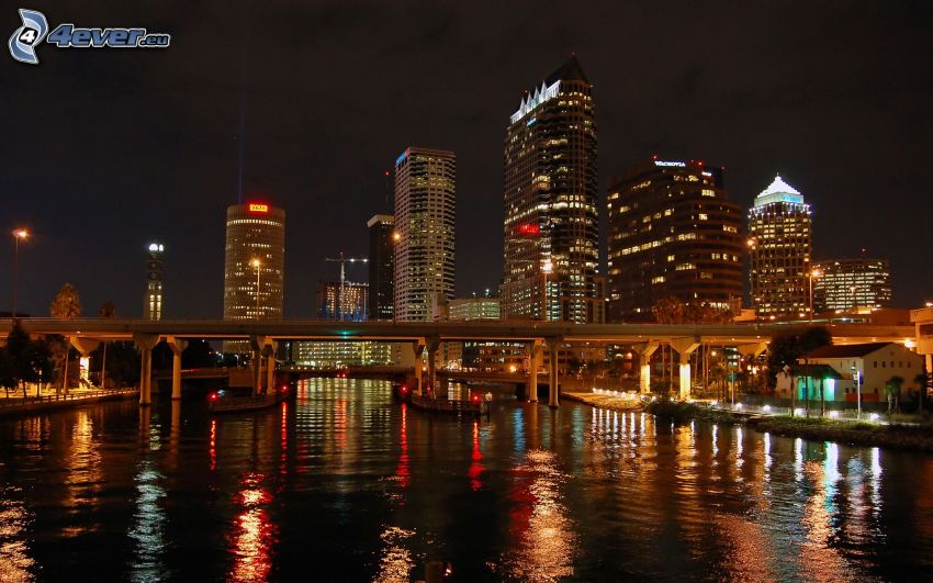 nočné mesto, mrakodrapy, rieka, most