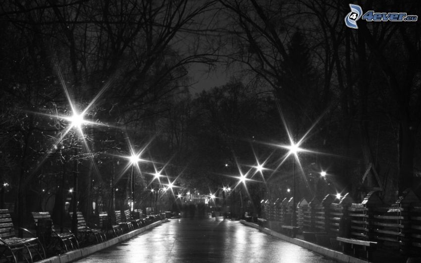 nočné mesto, park, pouličné osvetlenie
