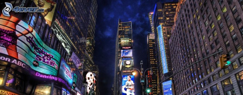 nočný New York, Times Square, mrakodrapy, reklama