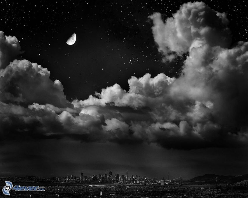 oblaky, mesto, mesiac
