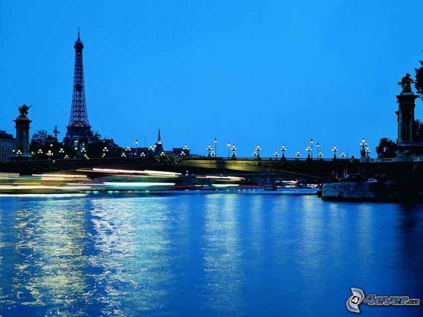 Seina, Paríž, Eiffelova veža, rieka, večerné mesto