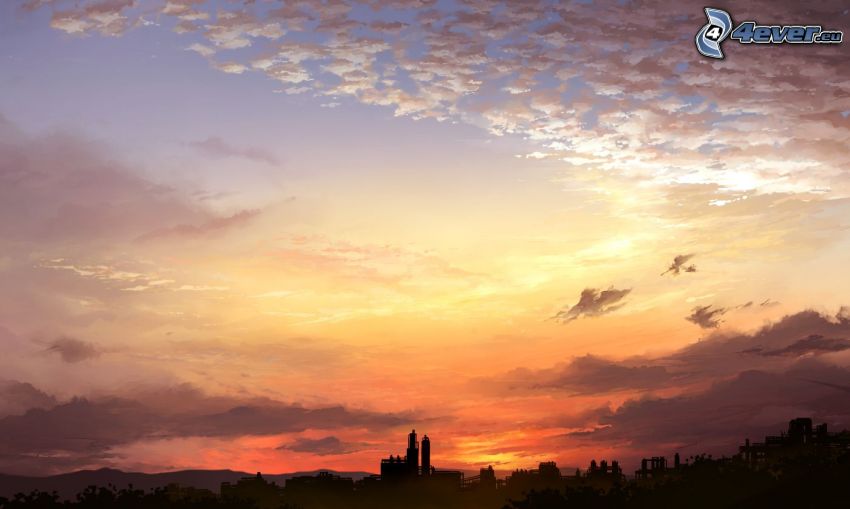 silueta mesta, západ slnka nad mestom, obloha