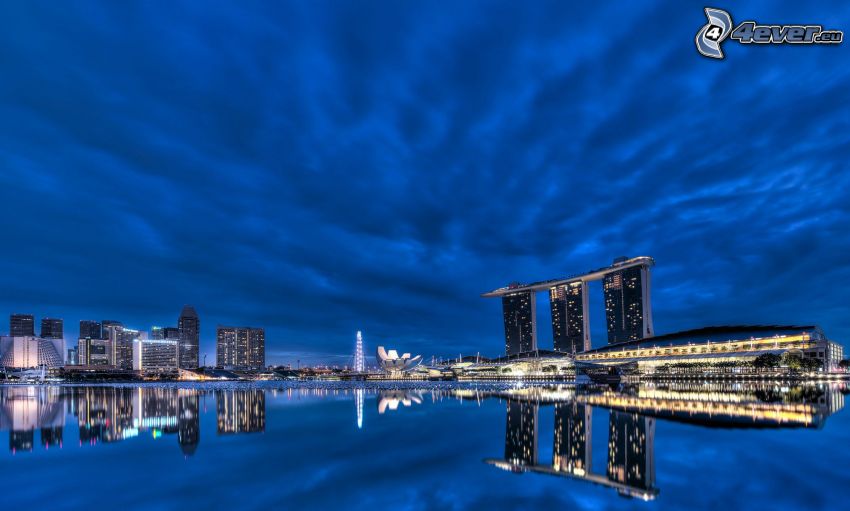 Singapur, Marina Bay Sands, večerné mesto, voda, odraz