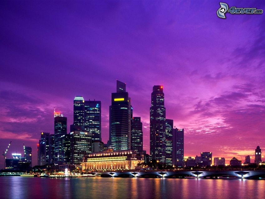 Singapur, nočné mesto, mrakodrapy