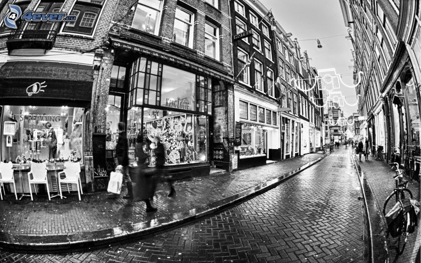 ulička, Amsterdam, čiernobiele