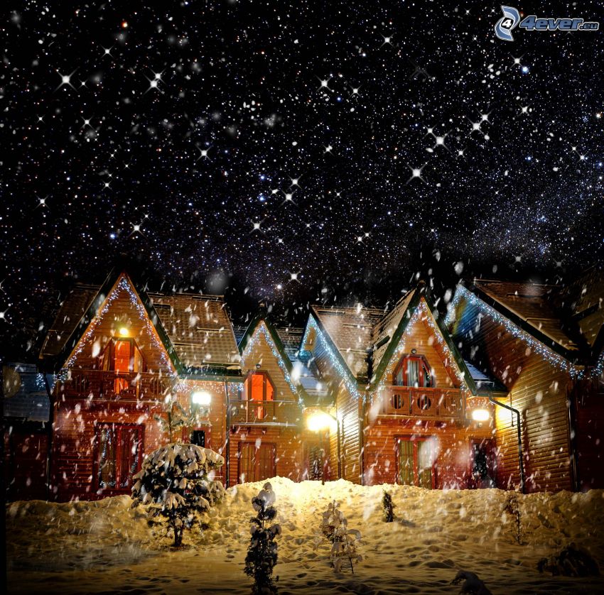 zasnežená dedina, chatky, sneženie, noc