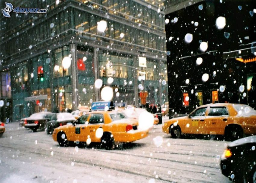 zasnežená ulica, NYC Taxi