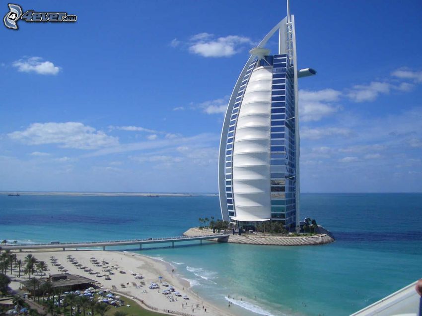 Burj Al Arab, Dubaj, more, hotel, obloha, pláž, luxus