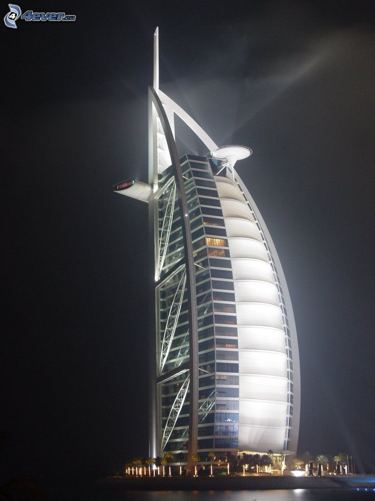 Burj Al Arab, Dubaj, Spojené arabské emiráty, noc, osvetlenie