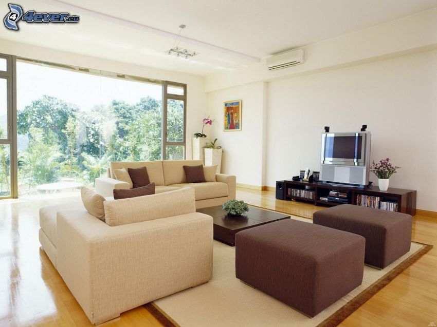 luxusná obývačka, gauč, televízor