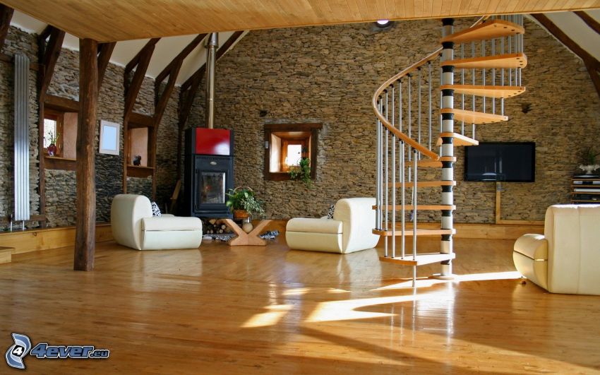 luxusná obývačka, krb, točené schody