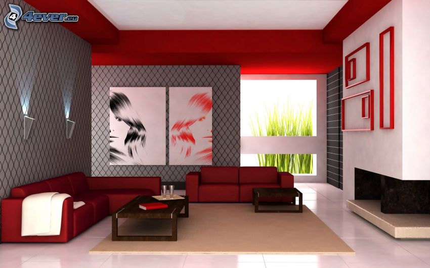 luxusná obývačka, obrazy, červená