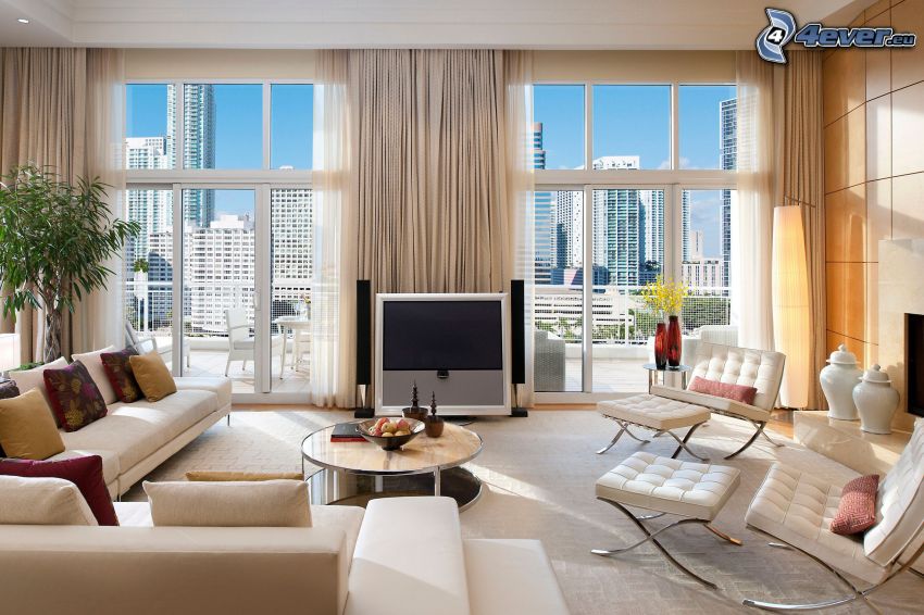 luxusná obývačka, výhľad na mesto, mrakodrapy
