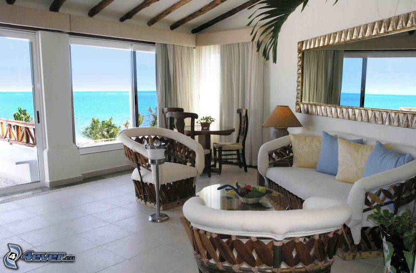 luxusná obývačka, výhľad na more, gauč