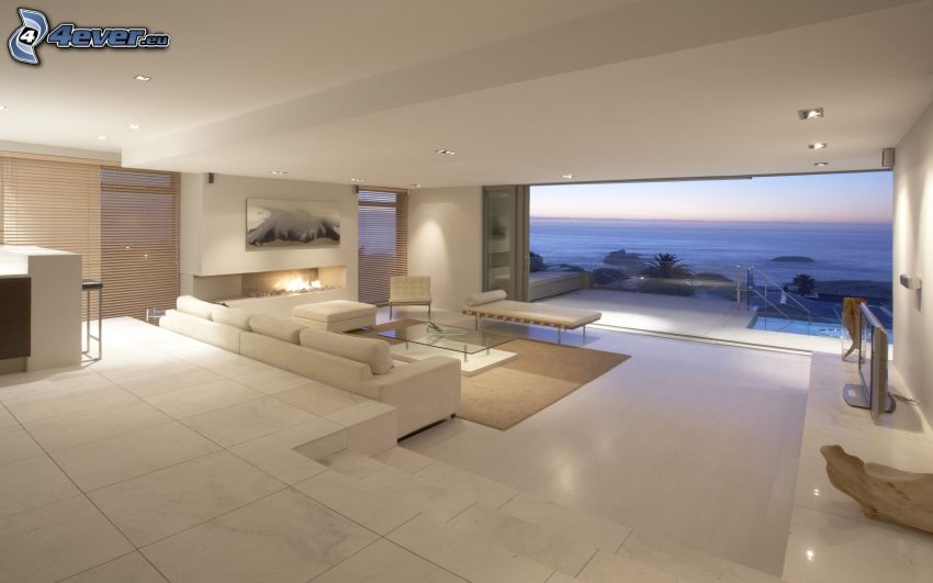 luxusná obývačka, výhľad na more