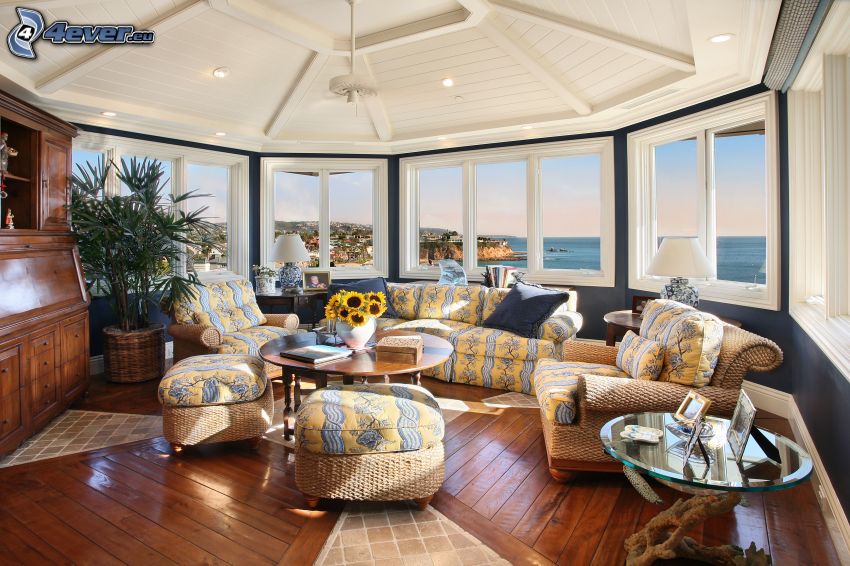 luxusná obývačka, výhľad na more