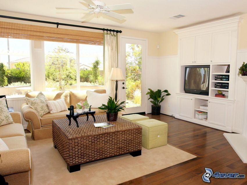 obývačka, sedačka, televízor, okno