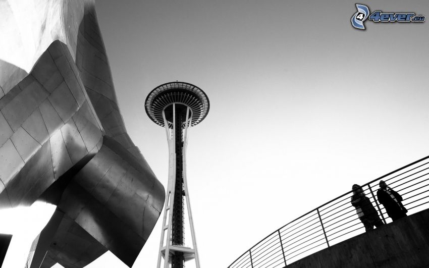 Space Needle, Seattle, Washington, čiernobiela fotka