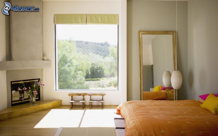 spálňa, manželská posteľ, kozub, okno