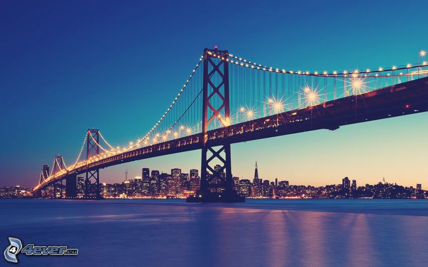 Bay Bridge, San Francisco, osvetlený most, večerné mesto
