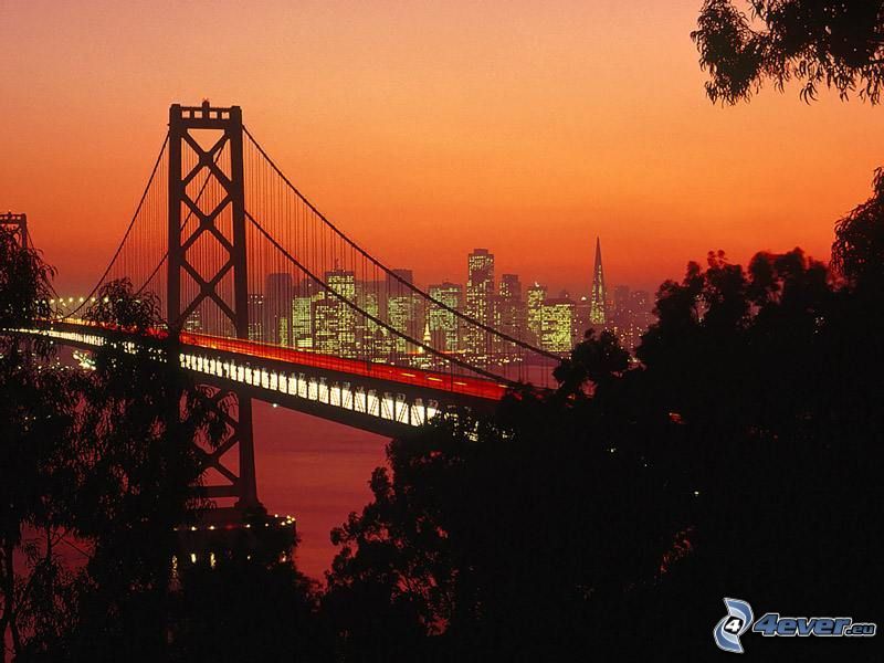 Bay Bridge, San Francisco, večerné mesto, dialničný most, svetlá