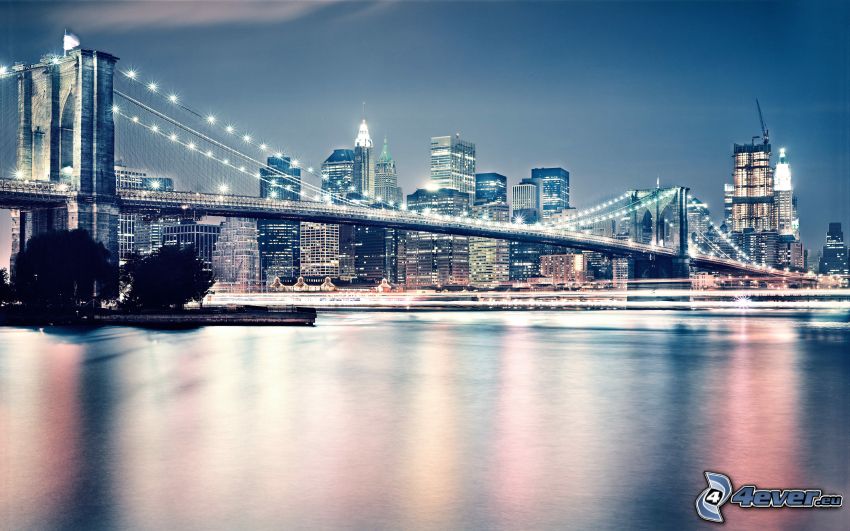 Brooklyn Bridge, osvetlený most, nočné mesto