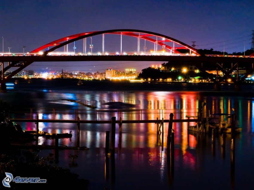 Guandu Bridge, osvetlený most, nočné mesto