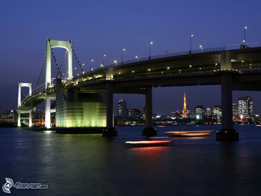 osvetlený most, večerné mesto