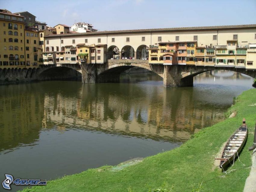 Ponte Vecchio, Florencia, Arno, rieka, most, čln