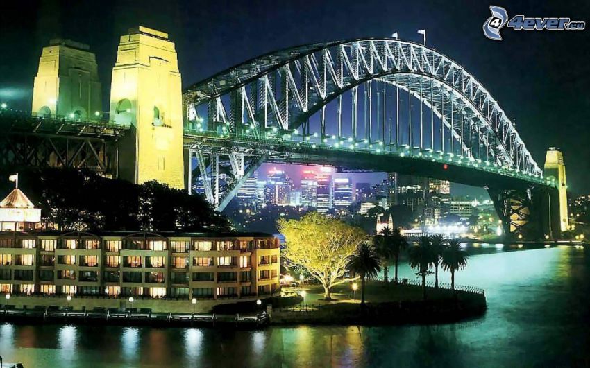 Sydney Harbour Bridge, osvetlený most, nočné mesto