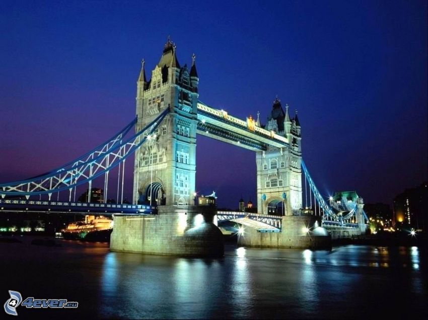 Tower Bridge, osvetlený most, noc