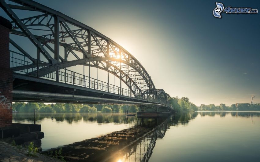 železný most, rieka, odraz, východ slnka