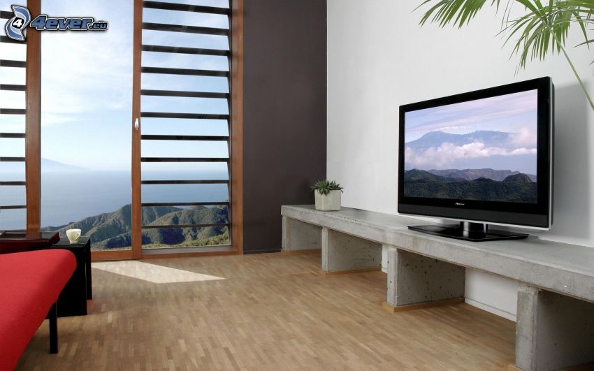obývačka, televízor, výhľad na krajinu
