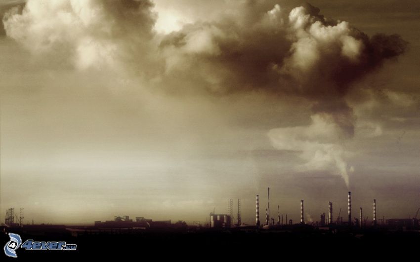 priemysel, továreň, dym, oblaky