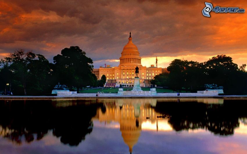 The Capitol, Washington DC, USA, večer, stromy, rieka, odraz
