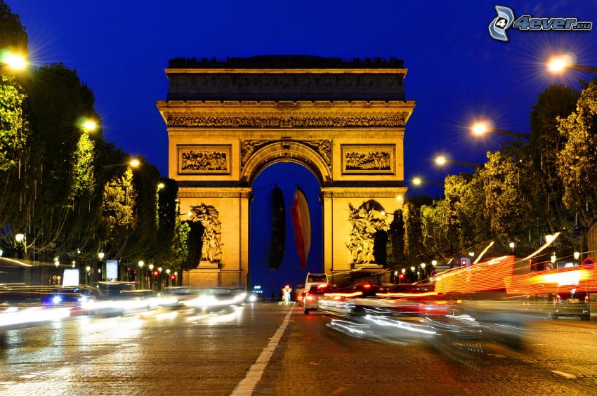 Víťazný oblúk, Paríž, Francúzsko, večer, osvetlenie, doprava