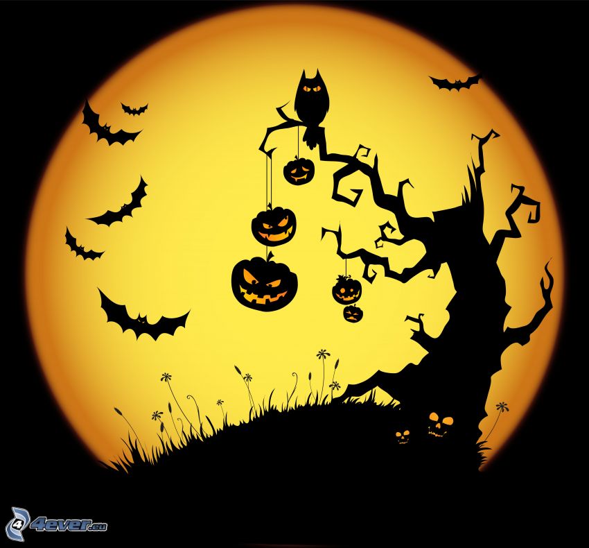Halloween, strašidelný strom, netopiere