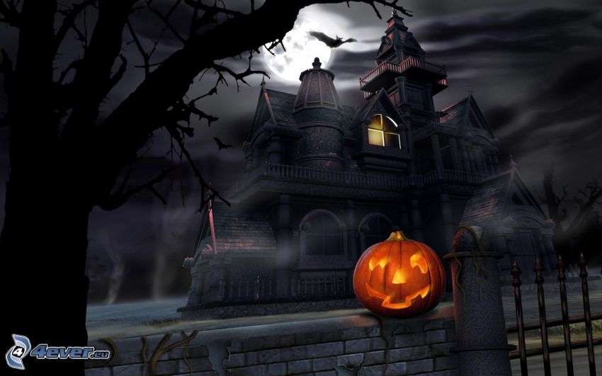 halloweenska tekvica, jack-o'-lantern, strašidelný dom
