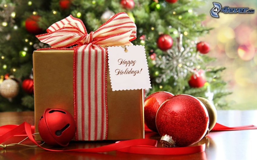 darček, Happy Holidays, stuha, vianočné gule, rolnička, vianočný stromček