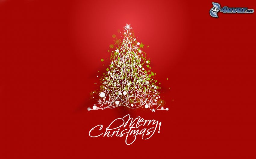 Merry Christmas, vianočný stromček, červené pozadie