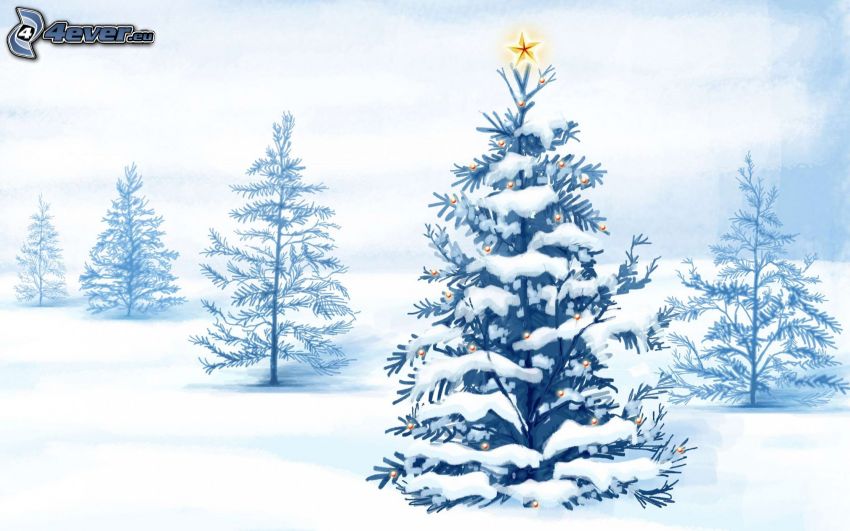 osvetlený stromček, sneh