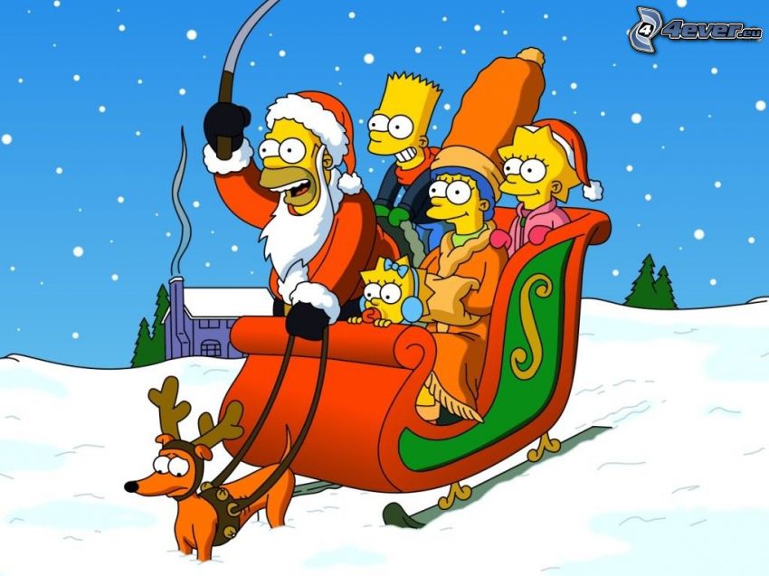 Simpsonovci, vianoce, sneh, sane